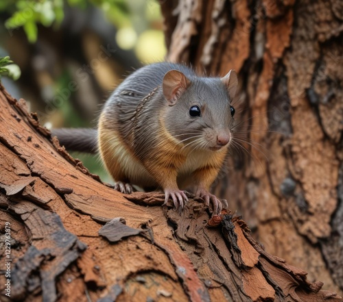 Antechinus searching for insects in the cracks of tree trunk, antechinus behavior, forest exploration, insect eating photo