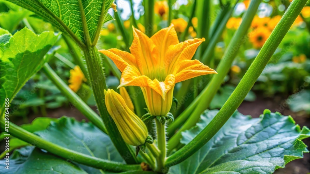 A bright yellow zucchini flower blooms amidst lush green leaves and stems in a vegetable garden surrounded by other vegetables, green leaves, garden vegetables A bright yellow zucchini flower blooms amidst lush green leaves and stems in a vegetable garden surrounded by other vegetables, green leaves, garden vegetables