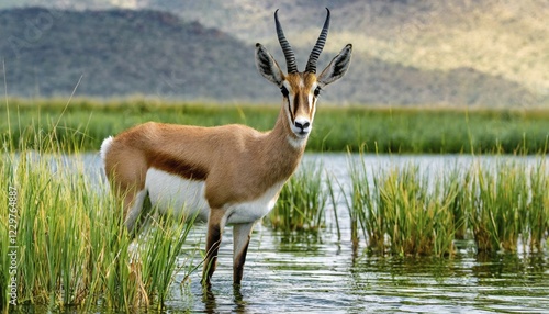 KI generated, animal, animals, mammal, mammals, biotope, habitat, one, individual, foraging, one, wildlife, thomson's gazelle (Eudorcas thomsonii), Kenya, Tanzania, gazelle, side, river, water, waterhole, Africa photo