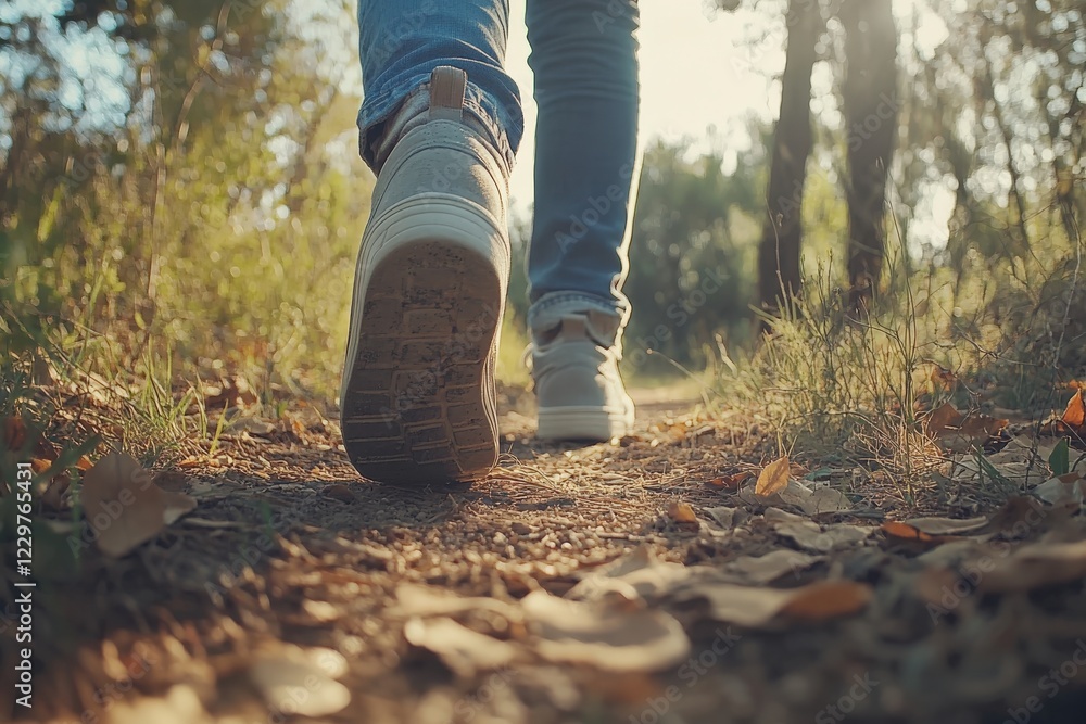 A person is leisurely walking down a dirt path located in the woods A person is leisurely walking down a dirt path located in the woods