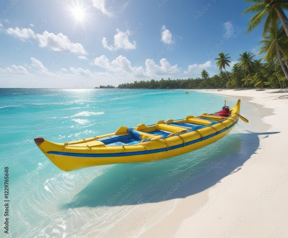 Banana boat sailing on a sunny day with clear blue waters and white sandy beaches, tropical, sunshine Banana boat sailing on a sunny day with clear blue waters and white sandy beaches, tropical, sunshine