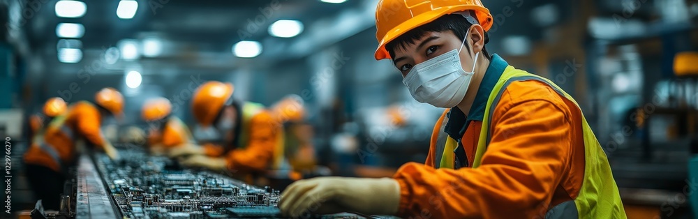 Workers sorting electronic waste in a recycling factory. Suitable for sustainability, recycling, and environmental responsibility projects, highlighting waste management and green efforts. Workers sorting electronic waste in a recycling factory. Suitable for sustainability, recycling, and environmental responsibility projects, highlighting waste management and green efforts.