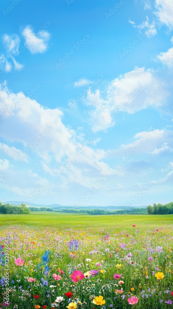 Colorful Meadow Landscape Under a Sunny Sky Colorful Meadow Landscape Under a Sunny Sky
