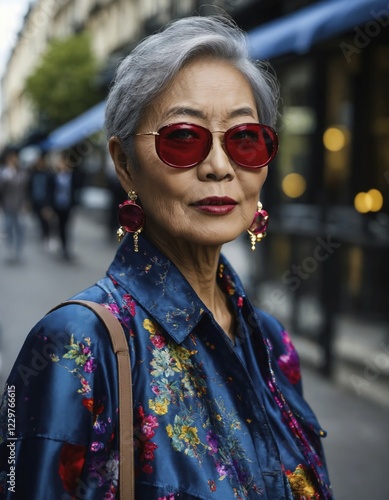 60 year old Asian female model in Paris Fashion Week. ai generative, AI generated photo