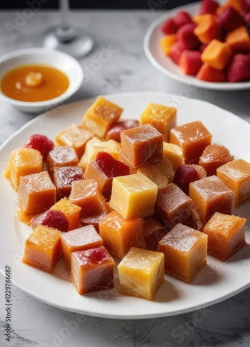 Beautifully arranged Caramel cut Turkish delights on a white plate, confectionery, sweets, caramel cut turkish delight