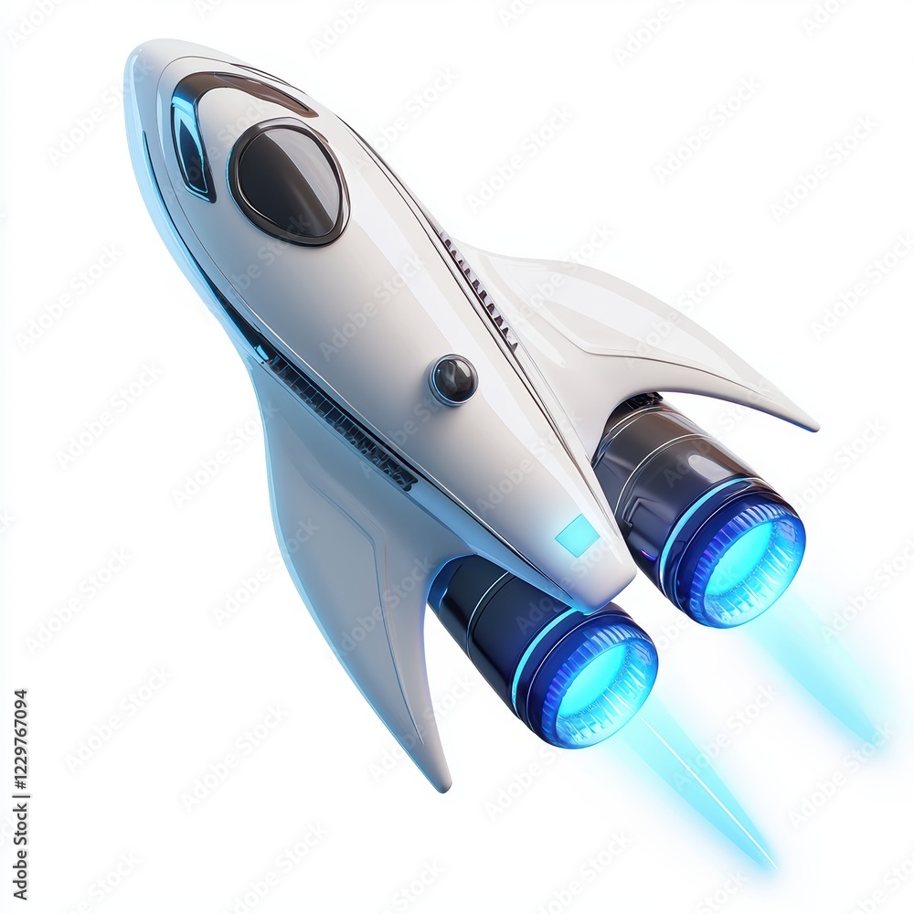 sleek white spacecraft with blue glowing engines, isolated on a clean white background sleek white spacecraft with blue glowing engines, isolated on a clean white background
