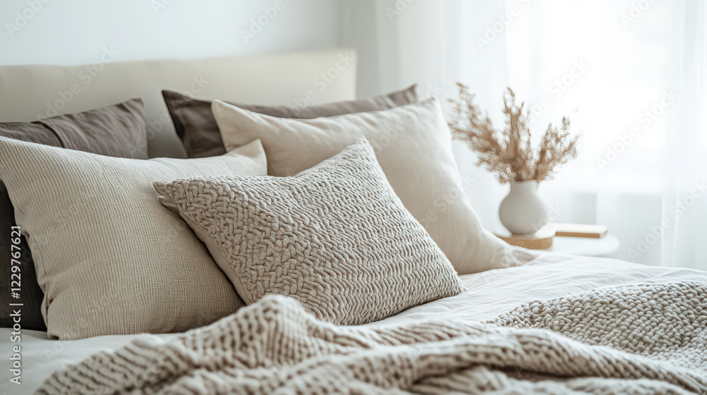 close up A modern hotel room with a low-profile bed, soft beige linens, and neatly placed decorative pillows close up A modern hotel room with a low-profile bed, soft beige linens, and neatly placed decorative pillows