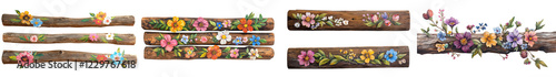 Vibrant and Colorful Floral Accents Decorating Rustic Wooden Logs Designed in a Vintage Botanical Style