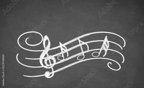 Photos Musical notes, made with white chalk on a blackboard