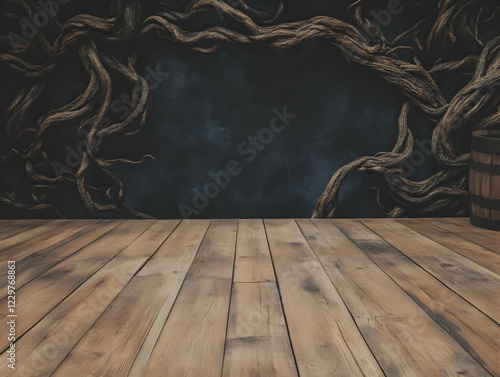 Rustic wooden floor, dark roots backdrop photo