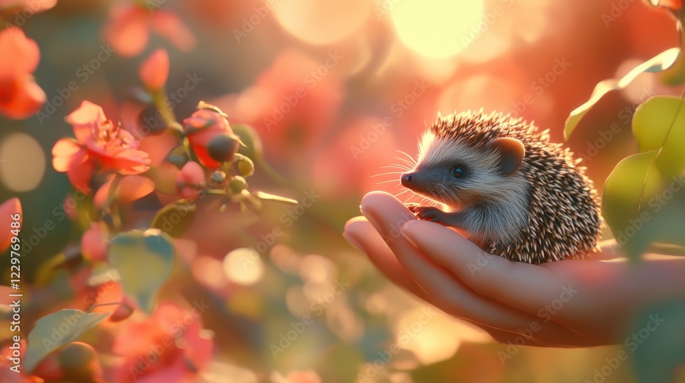 Adorable Hedgehog Sitting Gently in Hand Surrounded by Blossoms Adorable Hedgehog Sitting Gently in Hand Surrounded by Blossoms
