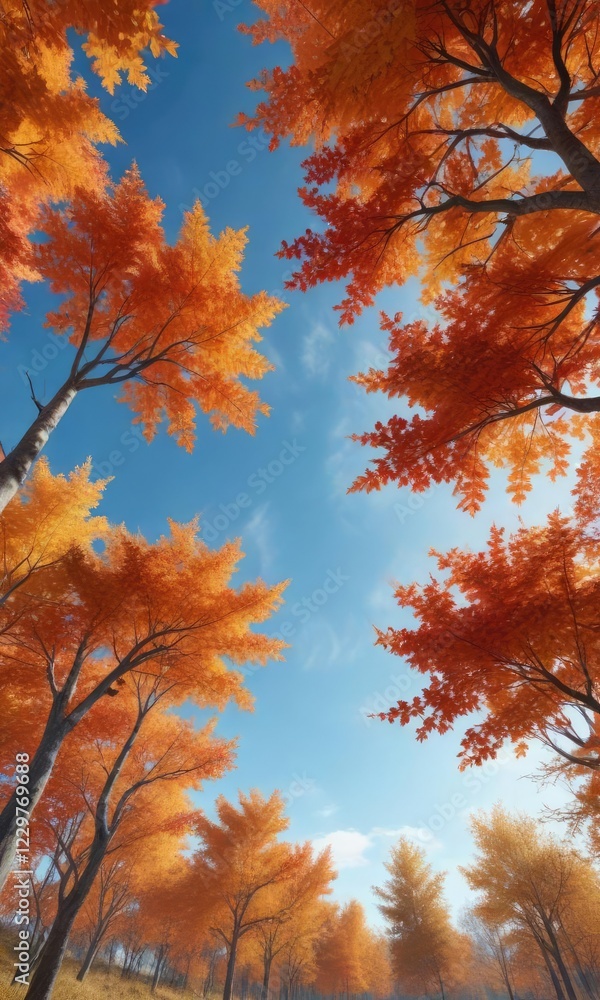 Blue sky with vibrant orange and red leaves on deciduous trees, forest scenery, fall landscape, autumn colors Blue sky with vibrant orange and red leaves on deciduous trees, forest scenery, fall landscape, autumn colors
