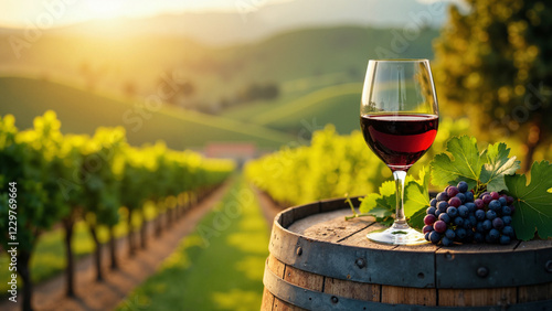 Elegant Glass of Red Wine on a Distressed Wooden Barrel in a Sunlit Tuscan Vineyard, Perfect for Wine Marketing, Travel Brochures, and Lifestyle Blogs photo