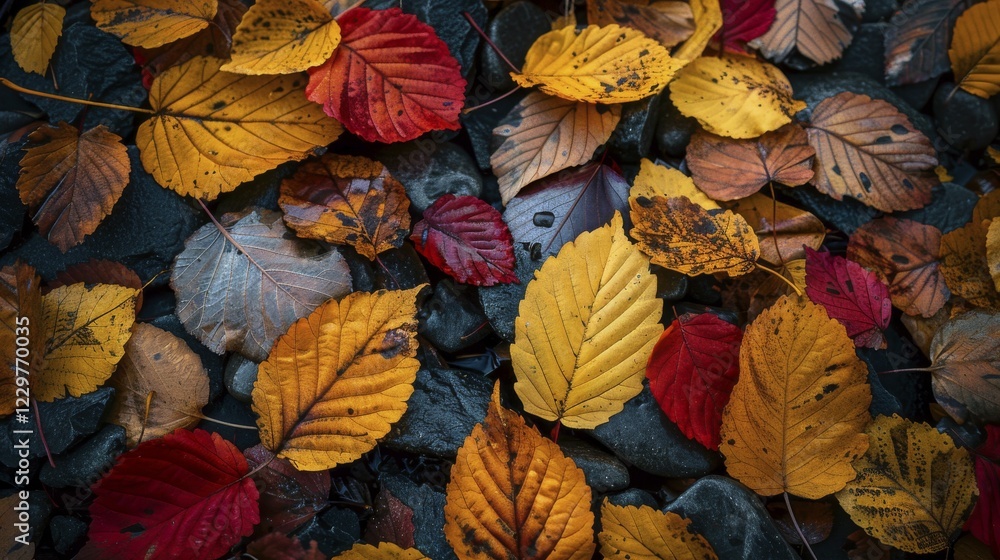 Autumn leaves in various colors covering a wet ground, creating a rich and vibrant nature scene, AI generated Autumn leaves in various colors covering a wet ground, creating a rich and vibrant nature scene, AI generated