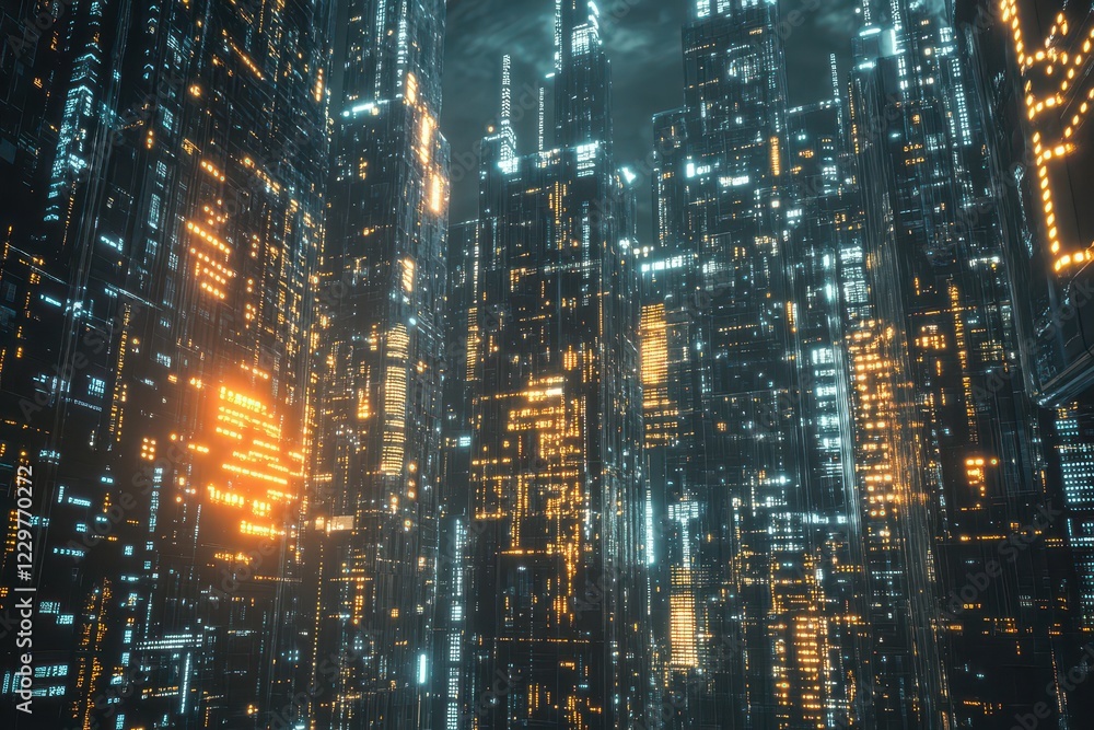 AIdriven financial modeling, a futuristic city skyline embedded with stock market data AIdriven financial modeling, a futuristic city skyline embedded with stock market data