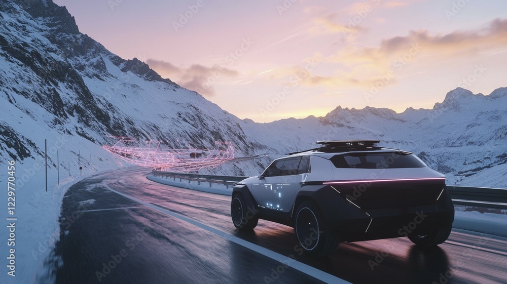 Naklejka premium A futuristic car on a snowy mountain road with pink lights reflecting at sunset, AI generated