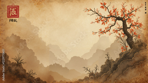 Exquisite Old Xuan Rice Paper Texture Background with Aged Sepia Tones for Asian Art, Calligraphy, and Cultural Design Projects photo