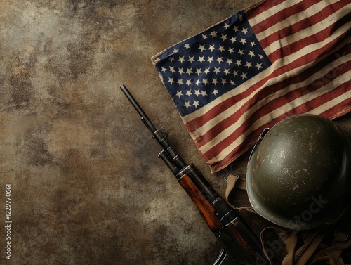 Rifle helmet and flag displayed on a table representing military or patriotic themes photo