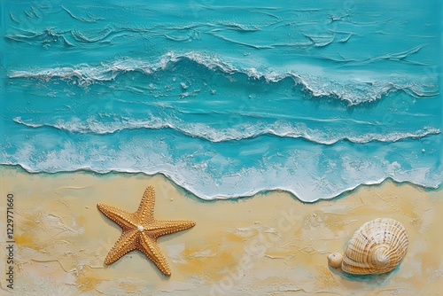 A beautiful painting shows a starfish and seashell on a beach photo