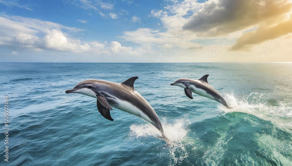 Fototapeta premium AI generated, animal, animals, mammal, mammals, biotope, habitat, two, foraging, wildlife, dolphin, elfine, dolphin, dolphins (Delphinidae) (Delphinus delphis), sideways