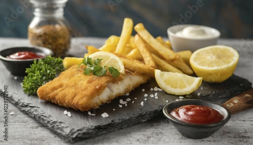 KI generated, A freshly baked fish fillet with chips and tartar sauce, saithe photo