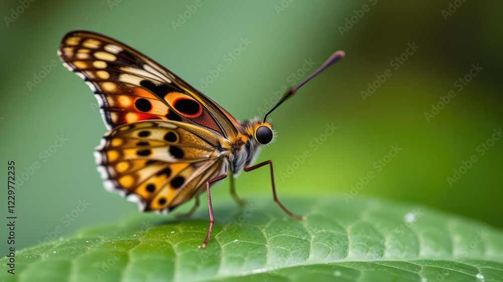 Obraz premium Butterfly with intricate patterns resting on vibrant green leaf, insect, macro, flutter