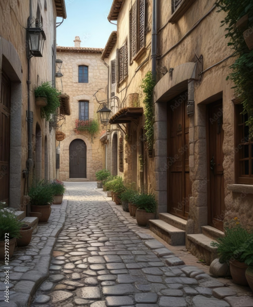 Charming cobblestone street in Mediterranean village, vlog, slideshow Charming cobblestone street in Mediterranean village, vlog, slideshow