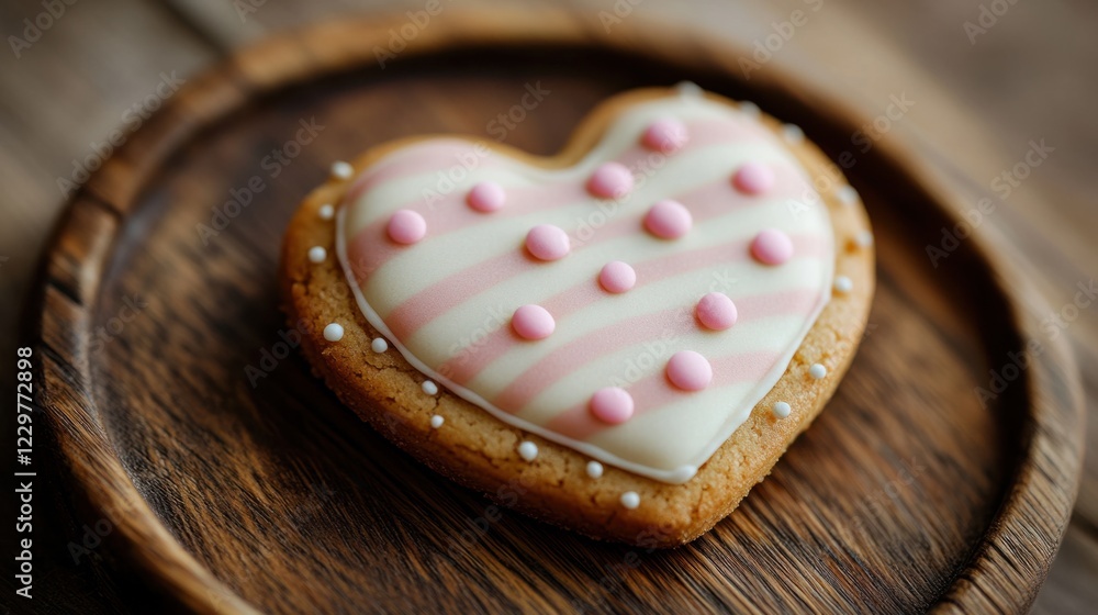 A close up of a heart-shaped Valentine cookie with polka dots and stripes, resting on a wooden plate A close up of a heart-shaped Valentine cookie with polka dots and stripes, resting on a wooden plate