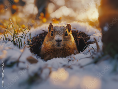 .A groundhog standing in the snow, its face is happy and cute, surrounded by frosty grasses. photo