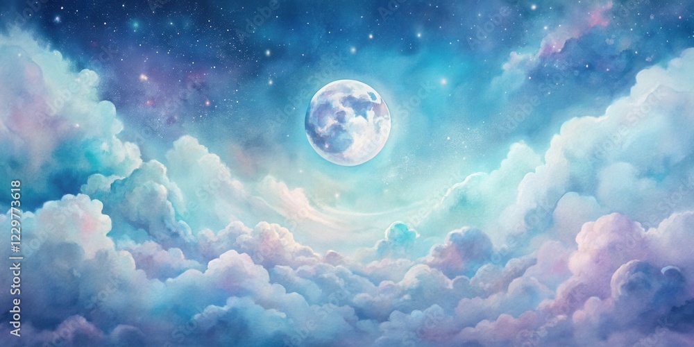 Obraz premium Serene Night Sky Above a Sea of Clouds with a Bright Full Moon and Distant Stars