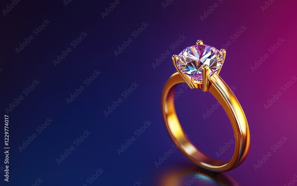 stunning golden engagement ring with a sparkling diamond, beautifully placed on a deep purple-to-blue gradient background. Valentines Day and 8 March theme stunning golden engagement ring with a sparkling diamond, beautifully placed on a deep purple-to-blue gradient background. Valentines Day and 8 March theme