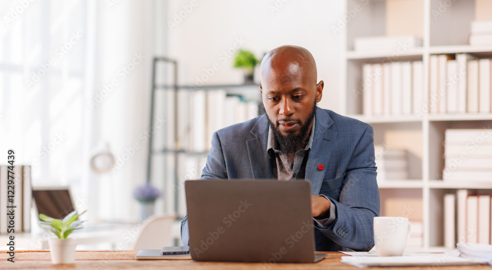 Businessman working at office with documents on his desk, doing planning analyzing the financial report, African American business plan investment, finance analysis concept Businessman working at office with documents on his desk, doing planning analyzing the financial report, African American business plan investment, finance analysis concept