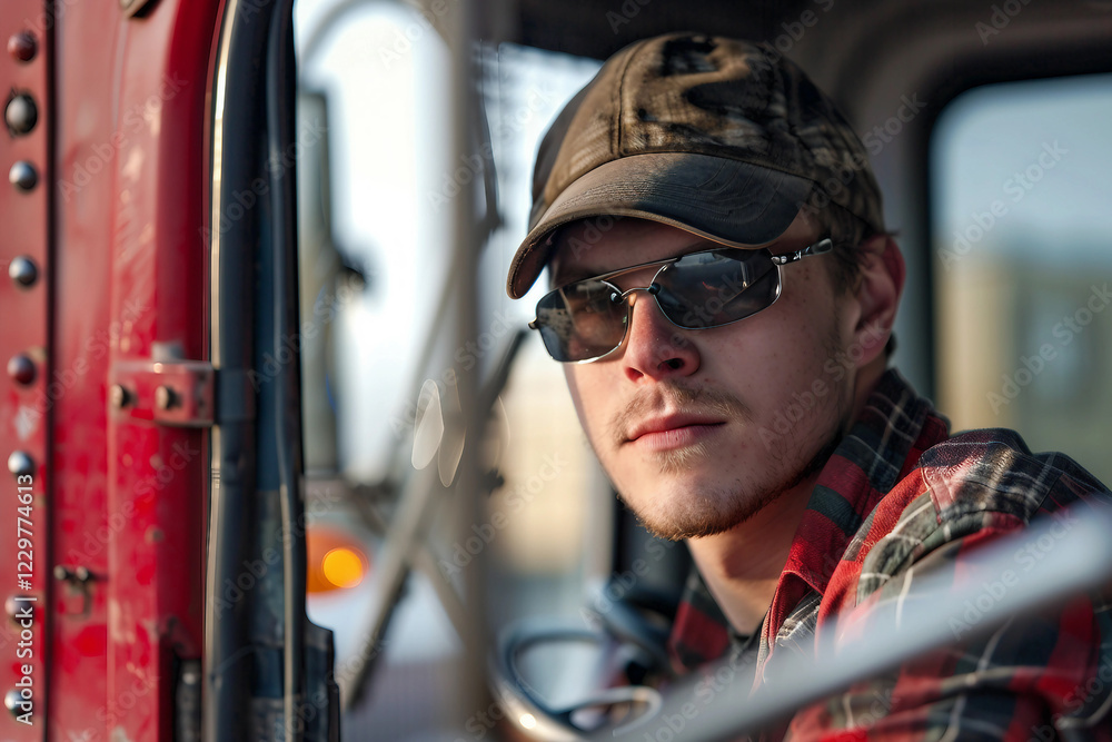 Generative AI image of a thoughtful truck driver in a cabin, portraying the life of a long-haul driver Generative AI image of a thoughtful truck driver in a cabin, portraying the life of a long-haul driver