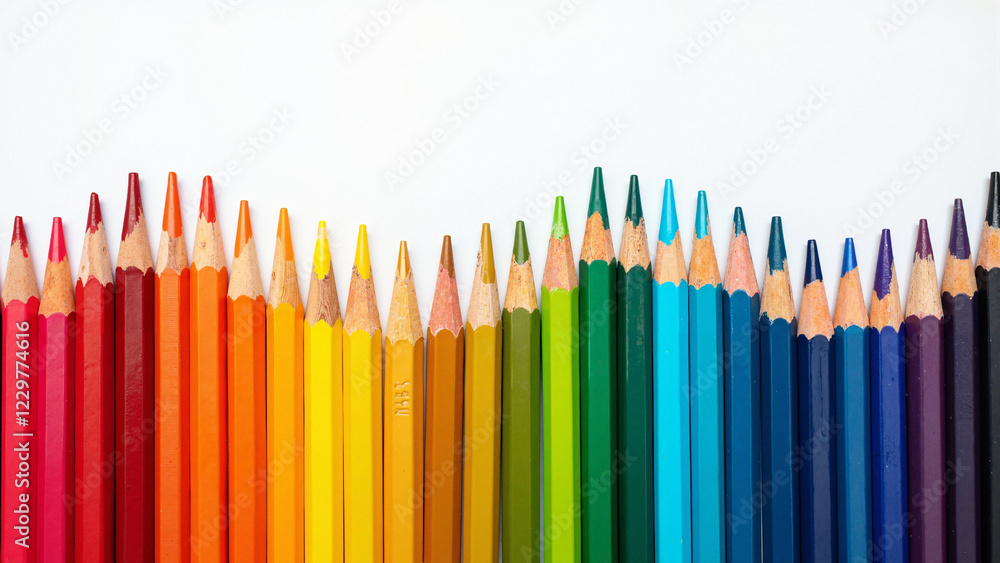 Vibrant Wave of Colorful Wooden Pencils on White Background, Ideal for Educational Promotions, Back-to-School Campaigns, and Stationery Advertising Vibrant Wave of Colorful Wooden Pencils on White Background, Ideal for Educational Promotions, Back-to-School Campaigns, and Stationery Advertising