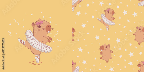 Cute capybara ballerina seamless pattern. Hand drawn vector illustration. Print for baby t-shirt print, fashion print design, kids wear, baby shower celebration greeting and invitation birthday card.