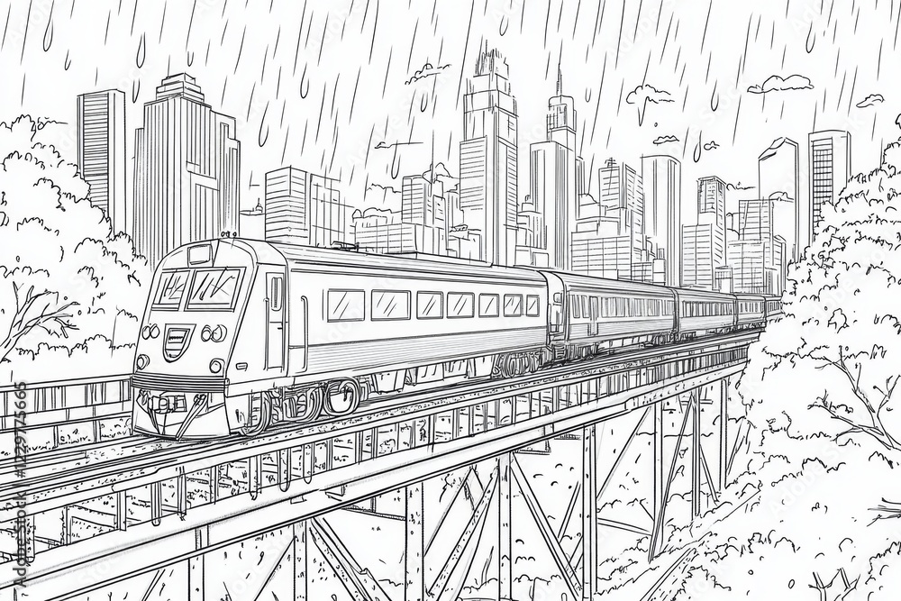Fototapeta premium Rainy City Train Bridge Sketch