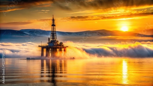 Large semi-submersible oil rig stands out against a backdrop of misty dawn in Cromarty Firth, with sunrise casting golden light on the waves , Cromarty Firth, sunrise photo