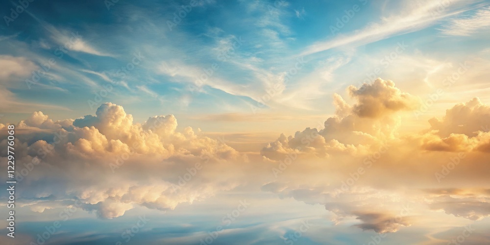 Fototapeta premium Serene Sunset Cloudscape A Breathtaking Reflection of Golden Hues and Fluffy Clouds in a Tranquil Atmosphere