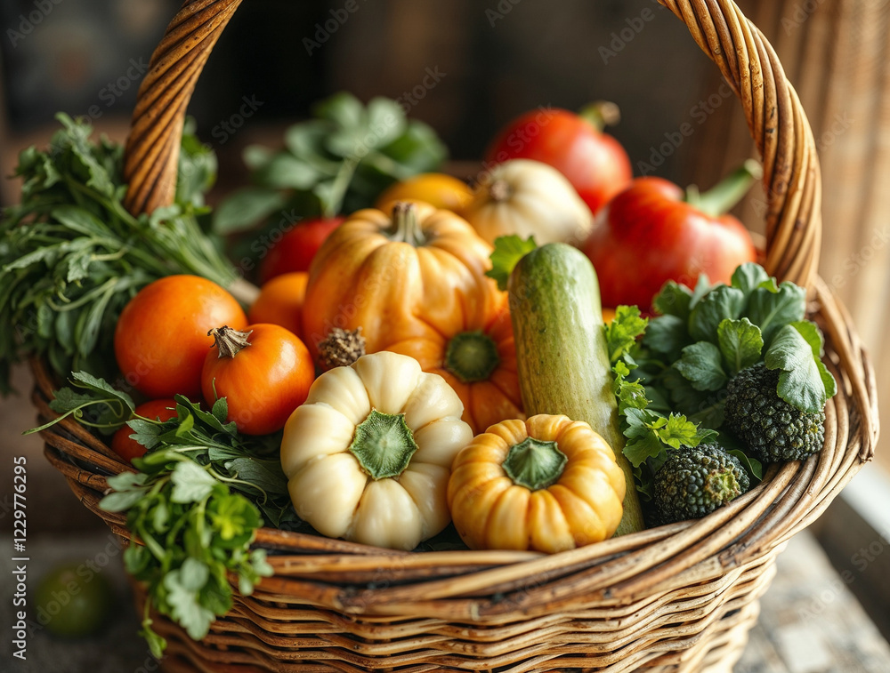Harvesting fresh produce colorful vegetables in a rustic basket kitchen still life warm atmosphere Harvesting fresh produce colorful vegetables in a rustic basket kitchen still life warm atmosphere