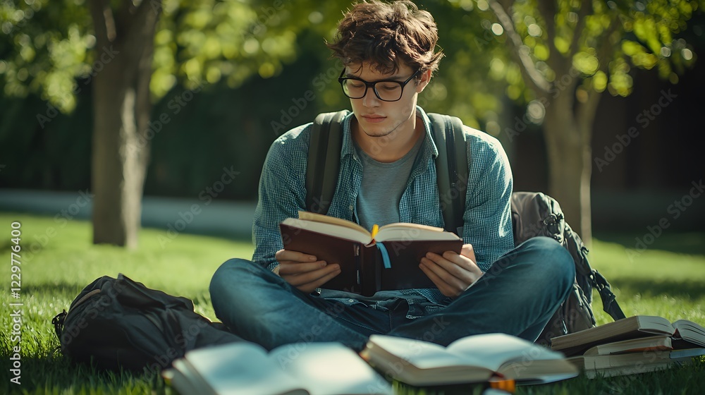 Obraz premium Young Man Studying Outdoors with Books in Natural Setting