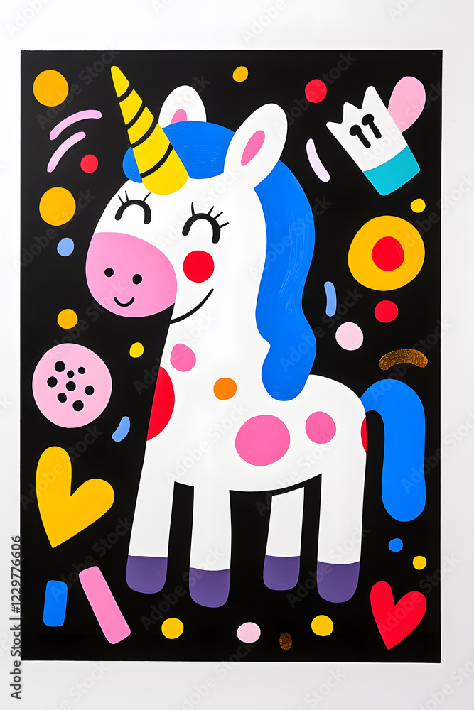 Naklejka premium Cute cartoon unicorn with mane and horn illustration on dark background. Card and shirt design