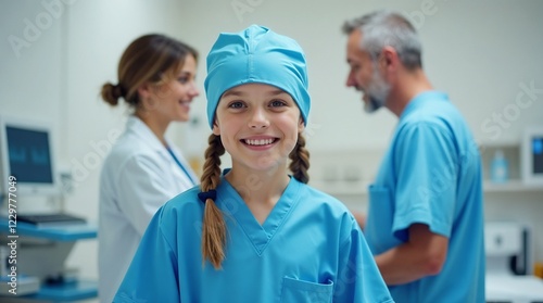 portrait of a little girl in hospital clothes and a blue cap, smiling child looking into the camera on the background of a hospital ward, operating room, blurred pediatric department generative ai