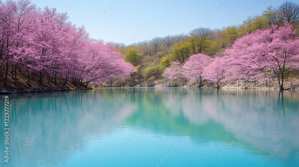 A scenic hillside blanketed in pastel-colored blossoms, overlooking a clear blue river A scenic hillside blanketed in pastel-colored blossoms, overlooking a clear blue river