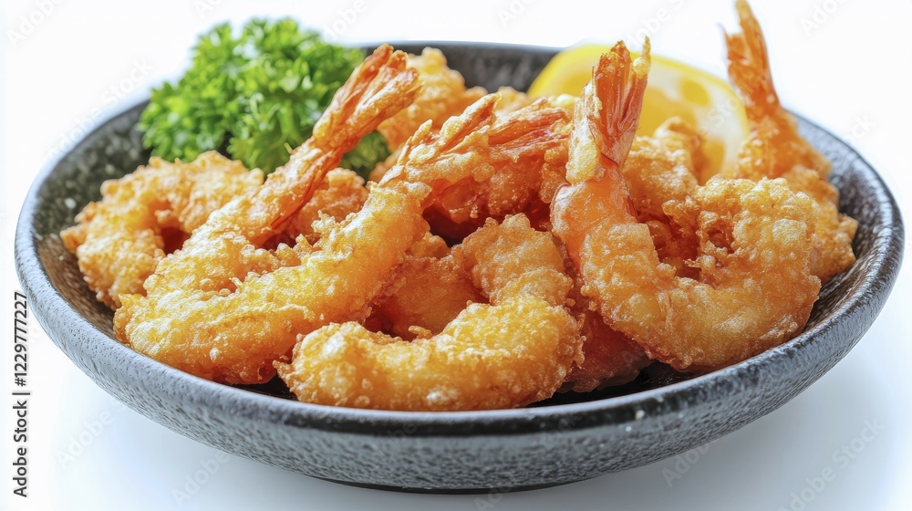 Golden fried shrimp served in a black bowl with a lemon slice and parsley garnish, AI generated Golden fried shrimp served in a black bowl with a lemon slice and parsley garnish, AI generated