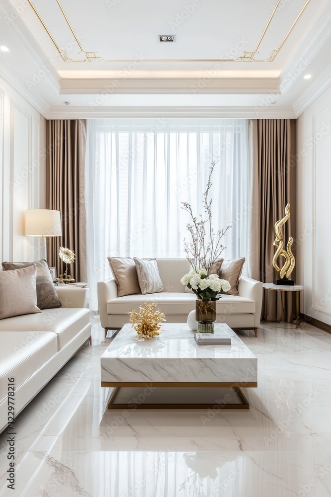 Fototapeta premium A sleek neoclassical living space with marble flooring, a marble coffee table, white and gold moldings, cream sofas, and unique golden sculptures placed