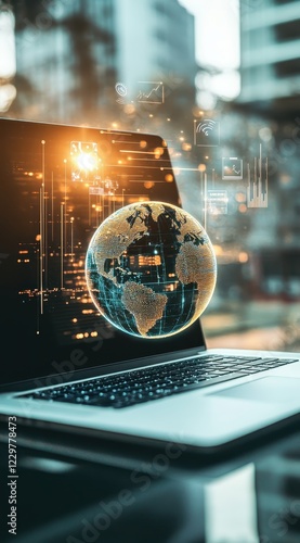 Digital Global Network Concept on Laptop Screen with Graphics Visual