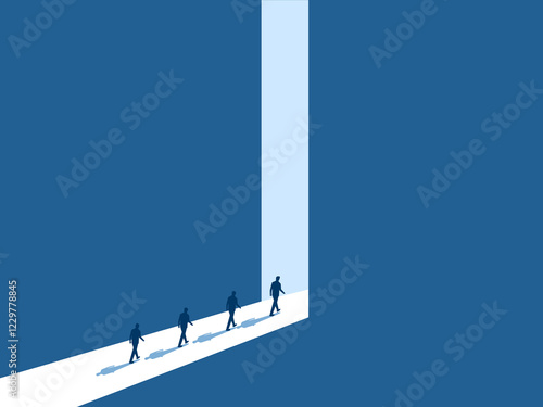Rushing to seize new opportunities, team of businessmen walking towards the big bright door