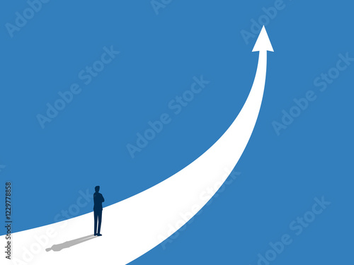 Business growth, Businessman standing with arms crossed on the path to achieve higher goals
