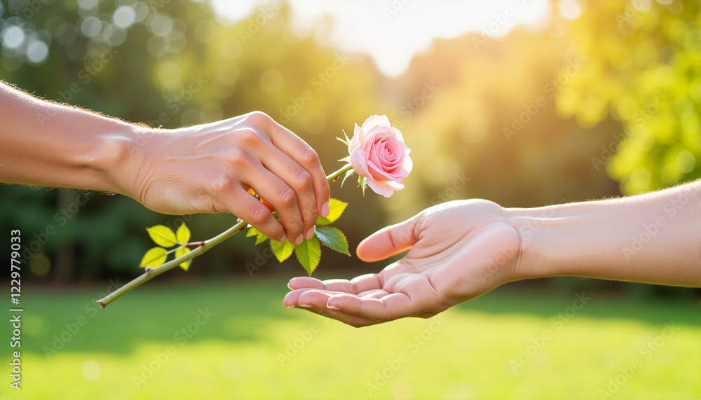 Two hands exchanging a pink rose in a sunlit garden, Valentine's Day Charity Two hands exchanging a pink rose in a sunlit garden, Valentine's Day Charity