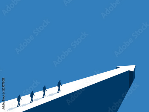 Business goal, team of businessman walking on the cliff with arrows pointing in the direction of success